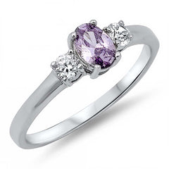 Sterling Silver Elegant Oval Cut Amethyst Cz on Center with Round Cut Clear Cz on Both Side RingAnd Face Height of 6MM