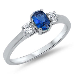 Sterling Silver Oval Shaped Blue Sapphire Clear CZ RingAnd Face Height 6mm