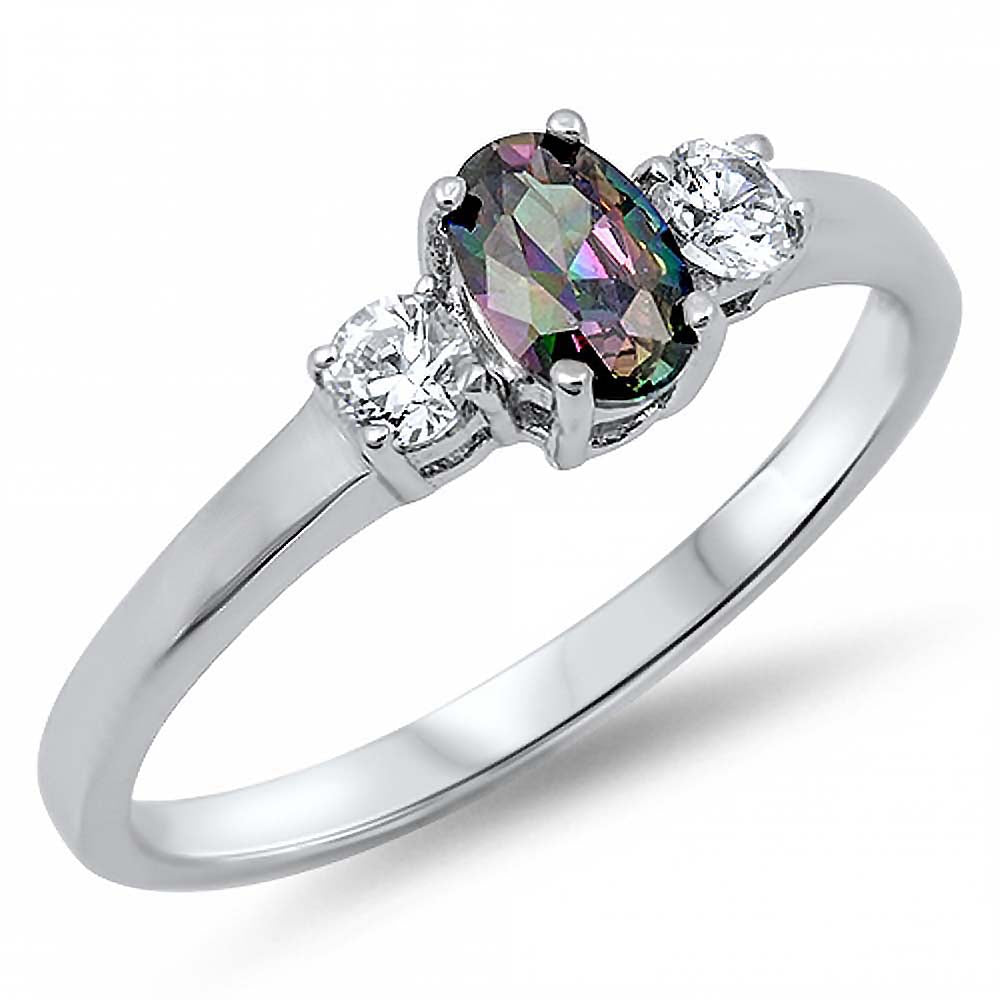 Sterling Silver Elegant 3 Stone Ring with Centered Oval Cut Rainbow Topaz CZ On Prong Setting And Face Height 6MM