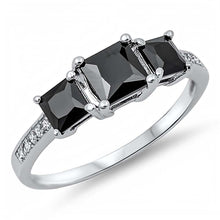 Load image into Gallery viewer, Sterling Silver Classy Three Solitaire Princess Cut Prong Set with Black Cz and Clear Czs Inlaid on Band Ring with Face Height of 6MM