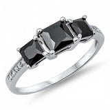 Sterling Silver Classy Three Solitaire Princess Cut Prong Set with Black Cz and Clear Czs Inlaid on Band Ring with Face Height of 6MM