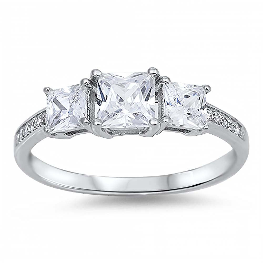 Sterling Silver 3 Stone Clear Princess Cut CZ with Pave Side Views Engagement Ring with Rhodium Finish, Face Height of 6 mm