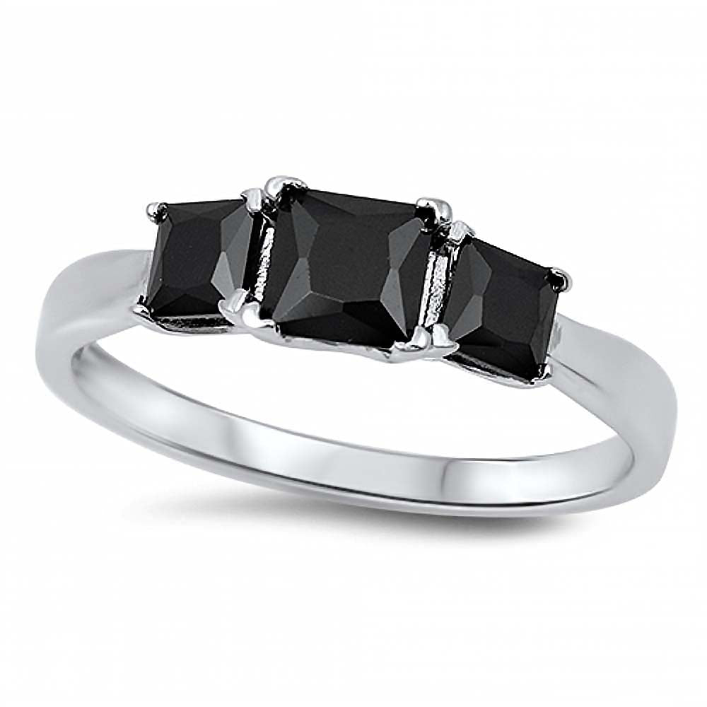 Sterling Silver 3 Stone Black Princess Cut CZ with Rhodium Finish Ring, Face Height of 6 mm