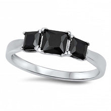 Load image into Gallery viewer, Sterling Silver 3 Stone Black Princess Cut Simulated Diamonds with Rhodium Finish RingAnd Face Height of 6 mm