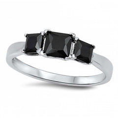 Sterling Silver 3 Stone Black Princess Cut Simulated Diamonds with Rhodium Finish RingAnd Face Height of 6 mm