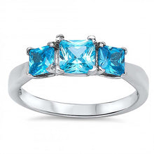 Load image into Gallery viewer, Sterling Silver Classy Three Princess Cut Blue Topaz Cz Ring with Face Height of 6MM