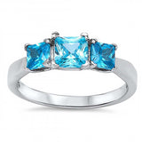 Sterling Silver Classy Three Princess Cut Blue Topaz Cz Ring with Face Height of 6MM