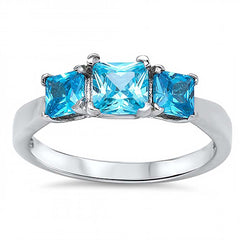 Sterling Silver Classy Three Princess Cut Blue Topaz Cz Ring with Face Height of 6MM