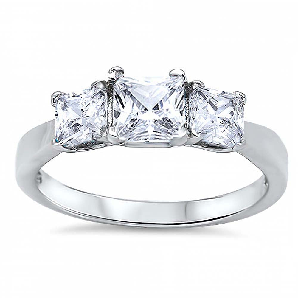 Sterling Silver 3 Stone Clear Princess Cut CZ Engagement Ring with Rhodium Finish, Face Height of 6 mm
