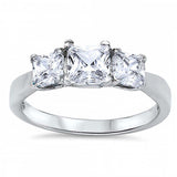 Sterling Silver 3 Stone Clear Princess Cut Simulated Diamond Engagement Ring with Rhodium FinishAnd Face Height of 6 mm