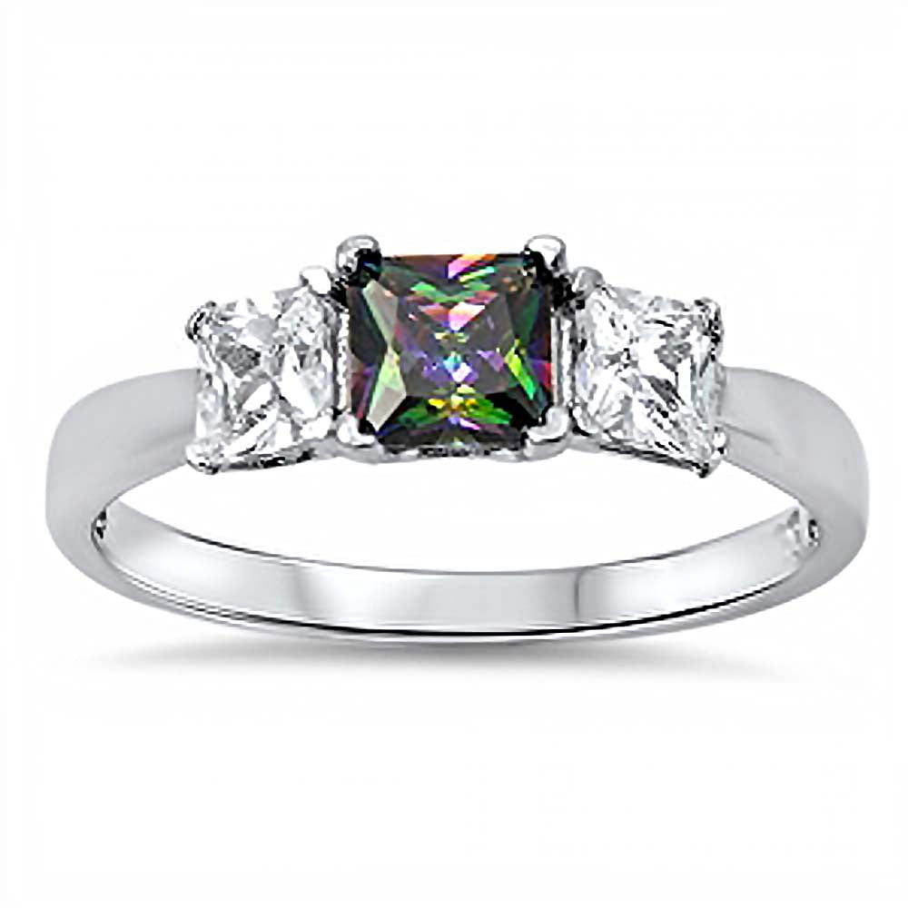 Sterling Silver Elegant Three Solitaire Princess Cut Rainbow Topaz Cz on Center and Clear Cz on Both Side RingAnd Face Height of 6MM