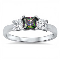 Sterling Silver Elegant Three Solitaire Princess Cut Rainbow Topaz Cz on Center and Clear Cz on Both Side RingAnd Face Height of 6MM