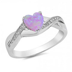 Sterling Silver Heart Shape Pink Lab Opal Rings With CZ StonesAnd Face Height 6mm