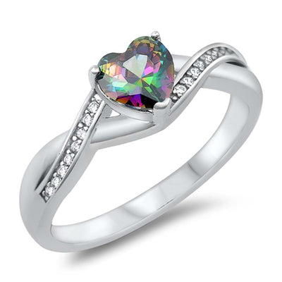 Sterling Silver Heart With Rainbow Topaz And Cubic Zirconia Ring
