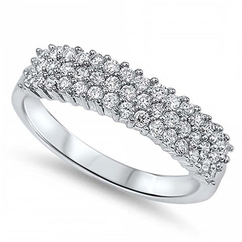 Sterling Silver Rhodium Plated Three Lines Shaped Clear CZ RingAnd Face Height 5mm