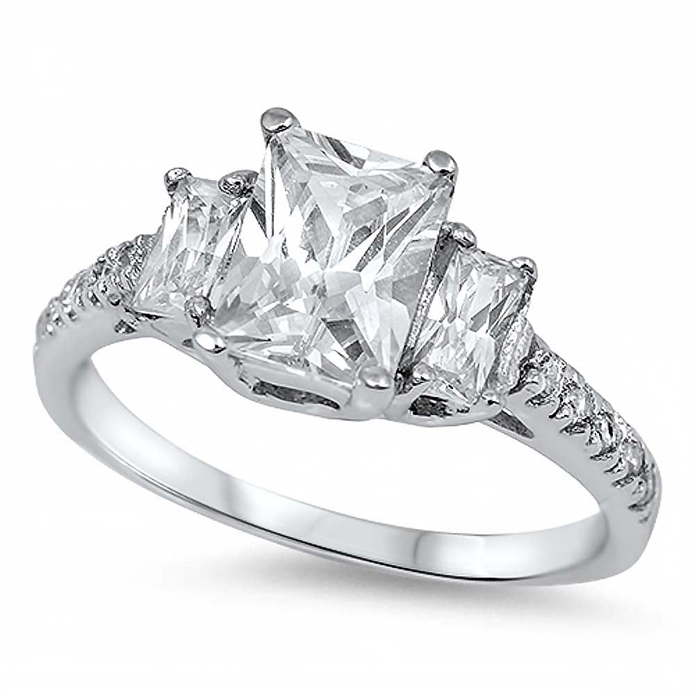 Sterling Silver 3 Stone Clear Princess Cut CZ with Channel Setting Side View Diamonds with Rhodium Finish