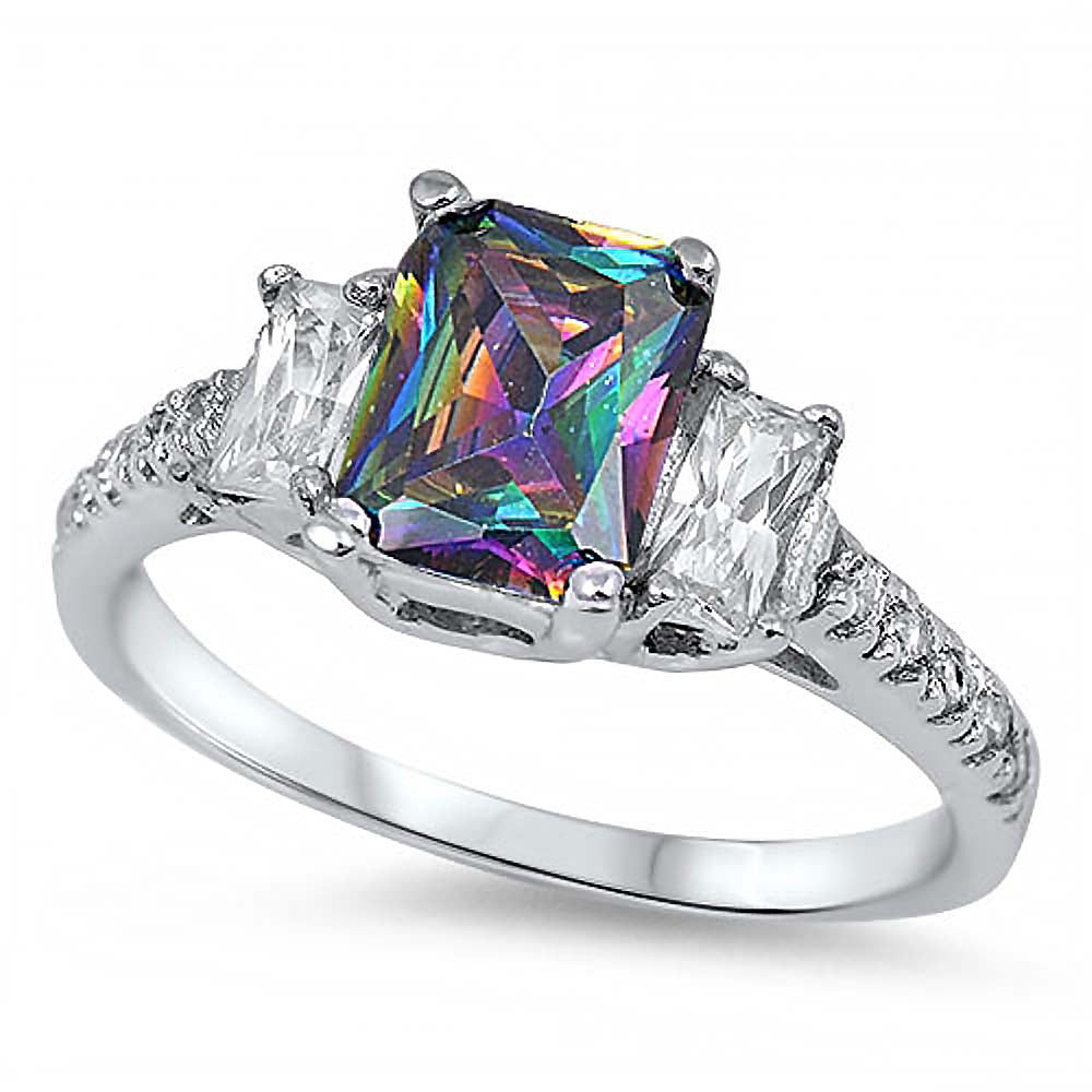 Sterling Silver 3 Stone Radiant Cut Rainbow Topaz CZ On Prong Setting And Face Height 7MM