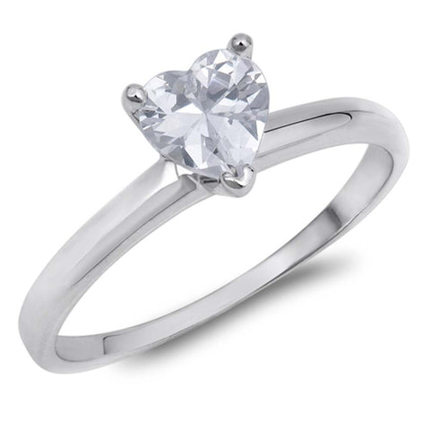 Sterling Silver Heart Cut Clear Solitaire CZ Engagement Ring on Prong Setting with Rhodium Finish, Face Height of 6mm