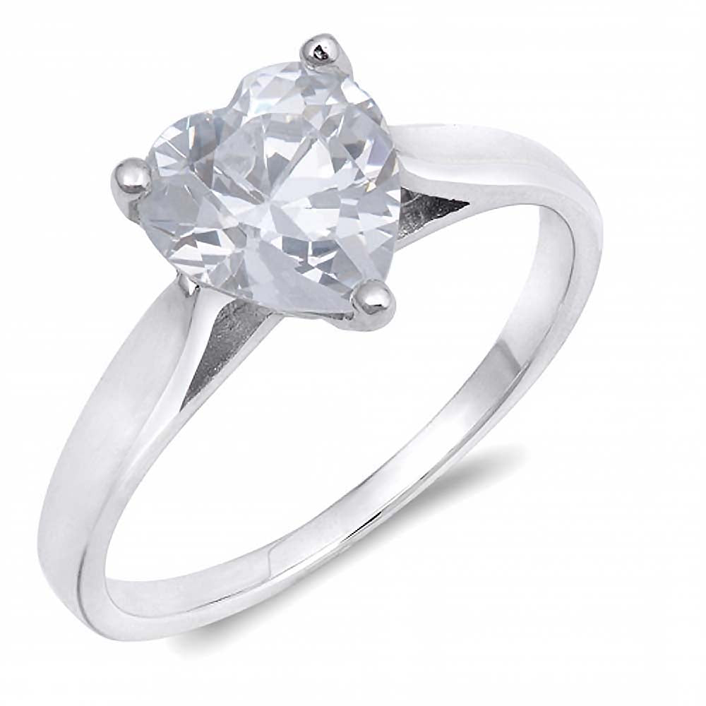 Sterling Silver Heart Cut Clear Solitaire CZ Engagement Ring on Prong Setting with Pinched Side Views Rhodium Finish, Face Height of 8mm
