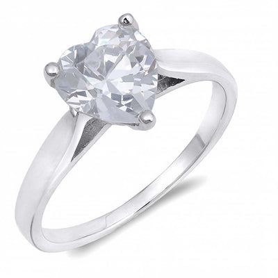 Sterling Silver Heart Cut Clear Solitaire Simulated Diamond Engagement Ring on Prong Setting with Pinched Side Views Rhodium FinishAnd Face Height of 8mm