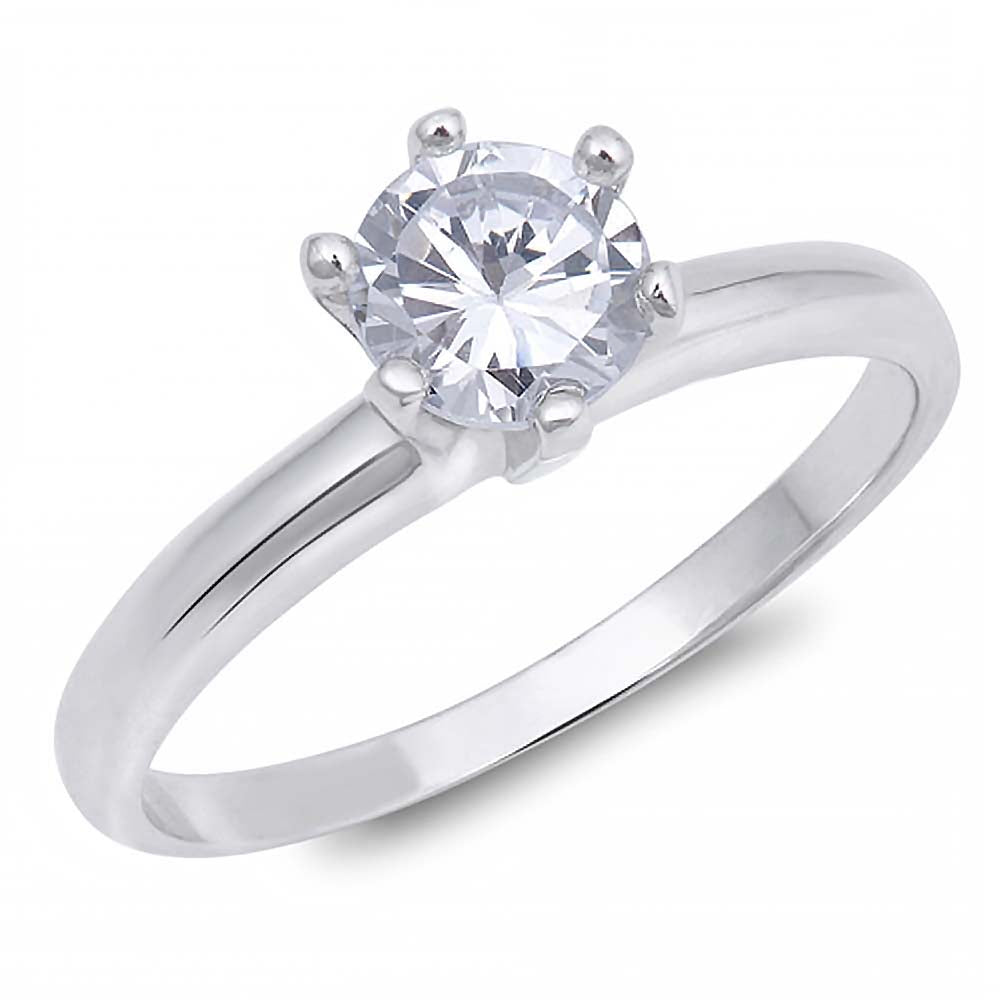 Sterling Silver Round Cut Clear Solitaire CZ Engagement Ring on Prong Setting with Rhodium FinishAnd Face Height of 6mm