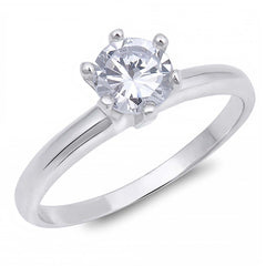 Sterling Silver Round Cut Clear Solitaire CZ Engagement Ring on Prong Setting with Rhodium FinishAnd Face Height of 6mm