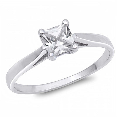 Sterling Silver Princess Cut Clear Solitaire Simulated Diamond Engagement Ring on Prong Setting with Pinched Side Views Rhodium FinishAnd Face Height of 5mm