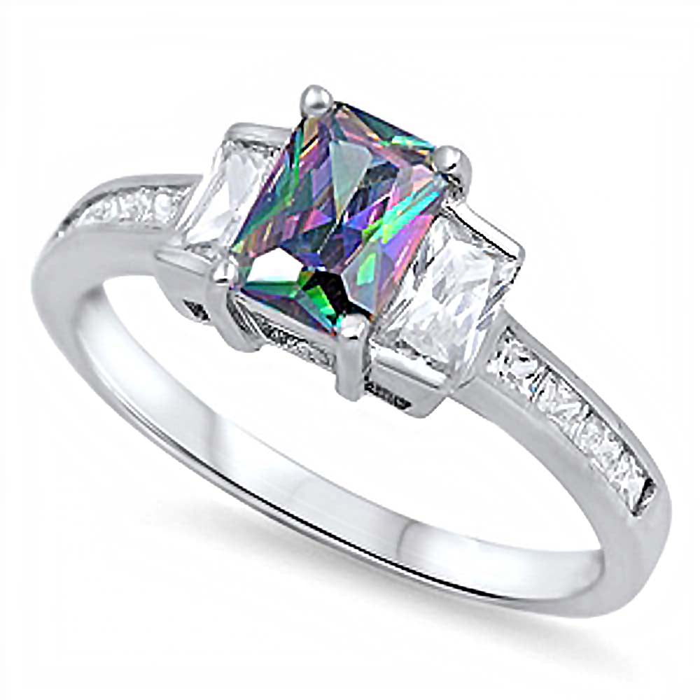 Sterling Silver 3 Stone Radiant Cut Rainbow Topaz CZ On Prong Setting And Face Height 8MM