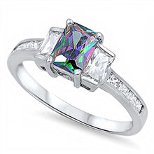Load image into Gallery viewer, Sterling Silver 3 Stone Radiant Cut Rainbow Topaz Simulated Diamond On Prong Setting And Face Height 8MM