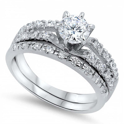Sterling Silver Clear Round Simulated Diamond Aprx 2 Carat on Prong SettingAnd Halo Pave Split Style Bridal Set with Rhodium Finish