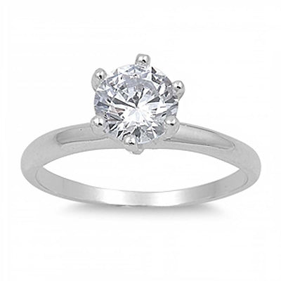 Sterling Silver Rhodium Plated Round Cut Clear Solitaire CZ Engagement Ring on Prong Setting, Face Height of 7mm