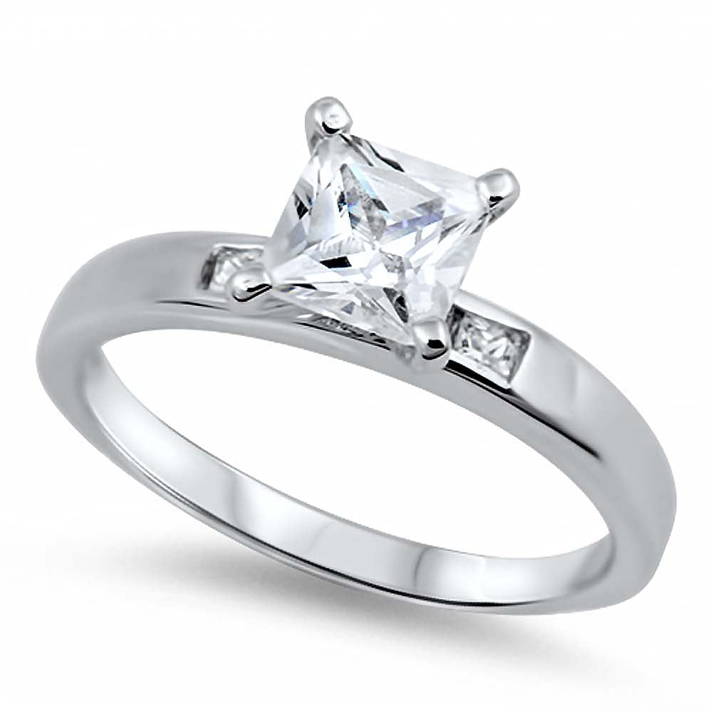 Sterling Silver Princess Cut Clear Solitaire CZ Engagement Ring on Prong Setting with Small Channel Setting Side View CZ with Rhodium Finish, Face Height of 7mm