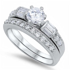 Sterling Silver Round Cut Solitaire CZ Aprx .75 Carat Bridal Set with Multi Straight Baguette Cut CZ on Bezel Setting & Pave Side Views with Rhodium Finish