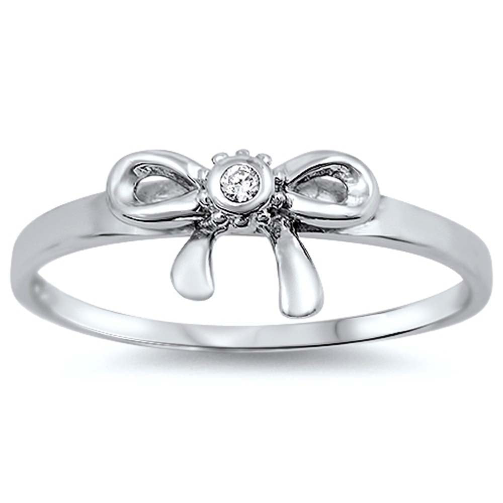 Sterling Silver Trendy Ribbon Design with Single Clear Cz on Bezel Set RingAnd Face Height of 7MM