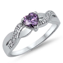 Load image into Gallery viewer, Sterling Silver Twisted Split Shank Multi Pave Band with Centered Heart Shape Amethyst Simulated Gemstone on Prong Setting Promise RingAnd Face Height of 5MM