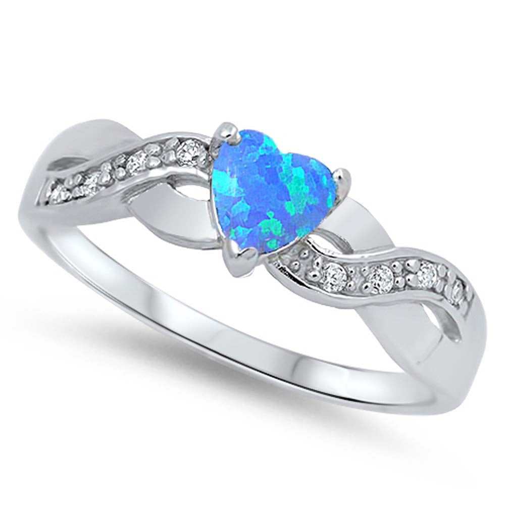 Sterling Silver Blue Lab Opal Heart Stone with Clear CZ RingAnd Face Height of  5 mm