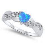 Sterling Silver Blue Lab Opal Heart Stone with Clear CZ RingAnd Face Height of  5 mm