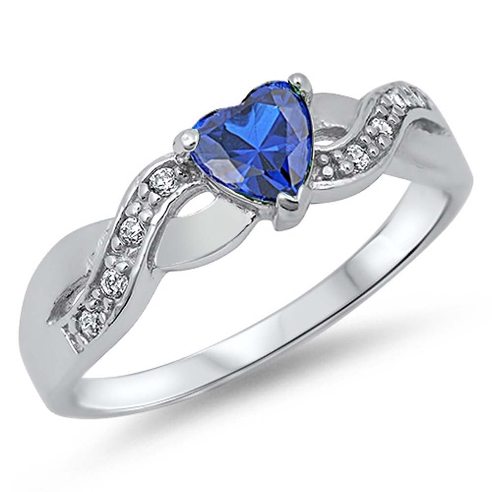 Sterling Silver Heart Shaped Blue Sapphire And Clear CZ RingAnd Face Height 5mm