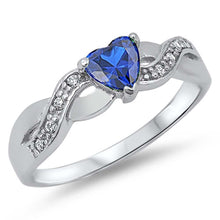 Load image into Gallery viewer, Sterling Silver Heart Shaped Blue Sapphire And Clear CZ RingAnd Face Height 5mm