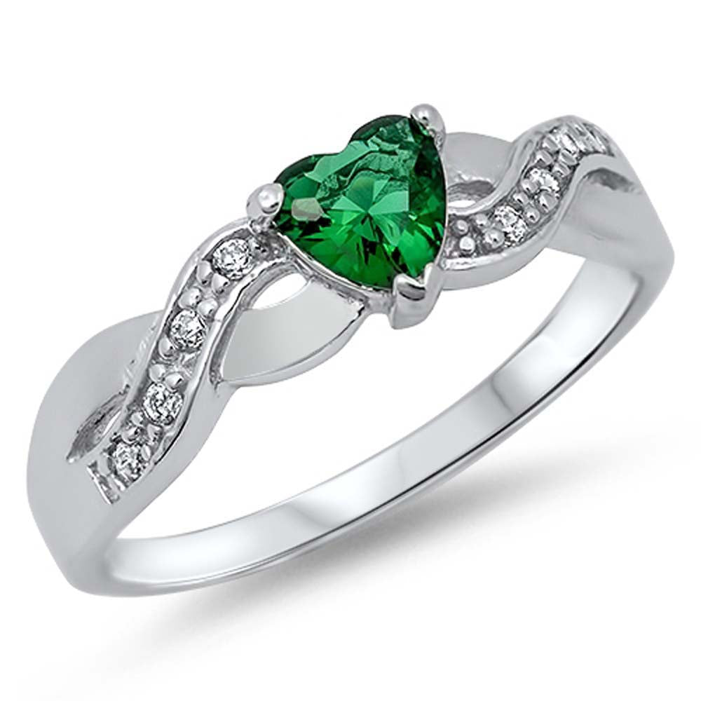 Sterling Silver Twisted Split Shank Multi Pave Band with Centered Heart Shape Emerald Simulated Gemstone on Prong Setting Promise RingAnd Face Height of 5MM