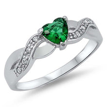 Load image into Gallery viewer, Sterling Silver Twisted Split Shank Multi Pave Band with Centered Heart Shape Emerald Simulated Gemstone on Prong Setting Promise RingAnd Face Height of 5MM