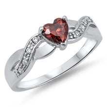 Load image into Gallery viewer, Sterling Silver Twisted Split Shank Multi Pave Band with Centered Heart Shape Garnet Simulated Gemstone on Prong Setting Promise RingAnd Face Height of 5MM