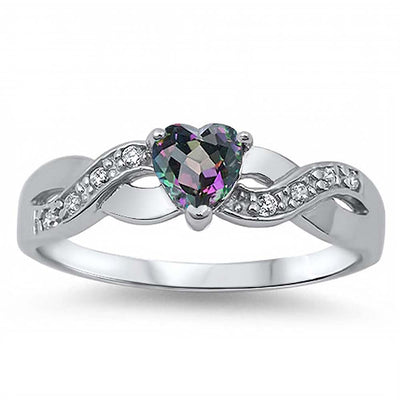 Sterling Silver Twisted Split Shank Multi Pave Band with Centered Heart Shape Rainbow Topaz Simulated Gemstone on Prong Setting Promise RingAnd Face Height of 5MM