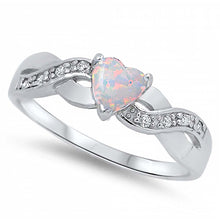Load image into Gallery viewer, Sterling Silver White Lab Opal Heart Stone with Clear CZ RingAnd Face Height of  5 mm