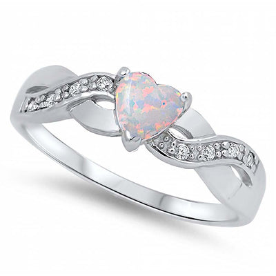 Sterling Silver White Lab Opal Heart Stone with Clear CZ RingAnd Face Height of  5 mm