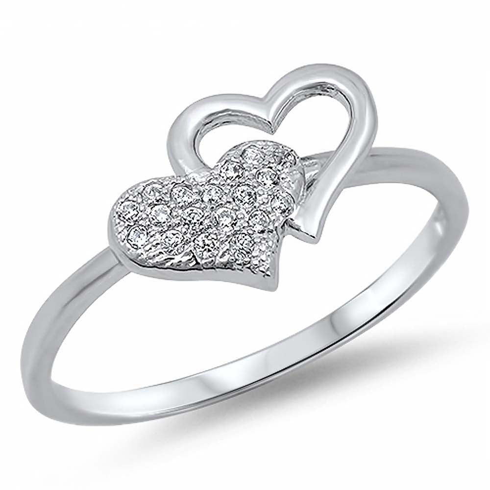 Sterling Silver Double Heart Ring with Multi Pave Centered HeartAnd Face Height of 8 mm