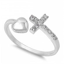 Load image into Gallery viewer, Sterling Silver Classy Thin Simulated Diamond Pave Sideways Cross Ring with Small HeartAnd Face Height of 6MM