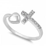 Sterling Silver Classy Thin Simulated Diamond Pave Sideways Cross Ring with Small HeartAnd Face Height of 6MM