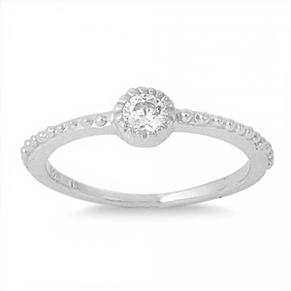 Sterling Silver Fine Stackable Ring with Clear Round Simulated Diamond with Round Pave Halo Style BandAnd Height of 4 mm