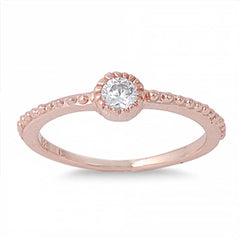 Sterling Silver Rose Gold Plated Fine Stackable Ring with Clear Round CZ with Round Pave Halo Style Band, Height of 4mm